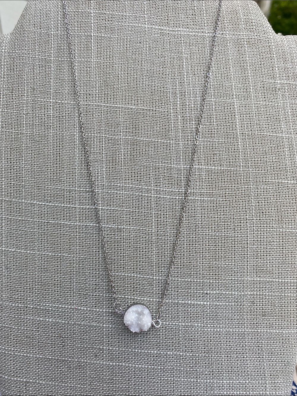 White Stone Pendant Necklace on Silver Toned Chain